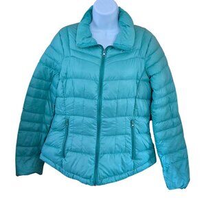 Down Puffer Jacket M Turquoise Nylon Zip Up boho cottagecore winter ski gorpcore